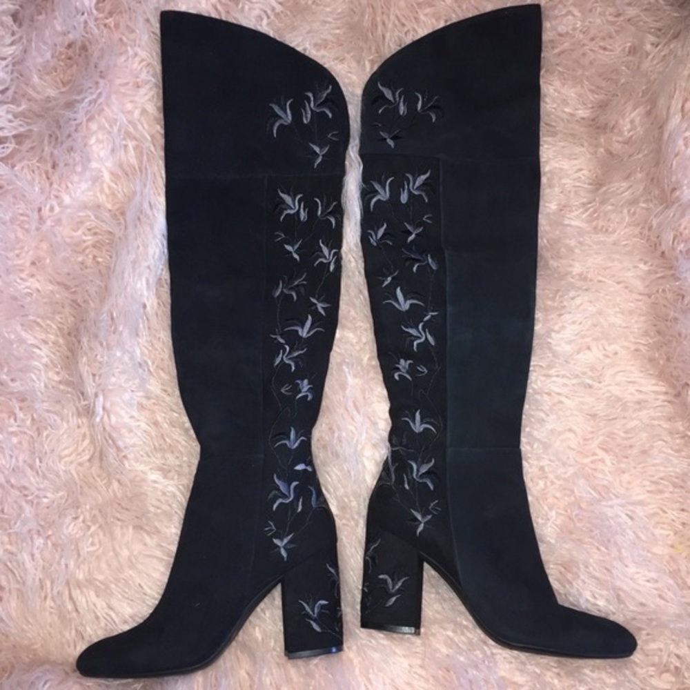 Sexy Knee High Boots Black Flower Embroidery Claire Womens Size 8.5 - Picture 7 of 16